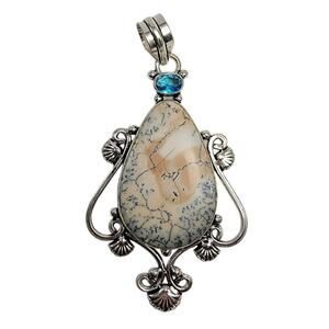 Dendritic Agate Sterling Silver Pendant Necklace with Faceted Blue Accent Stone